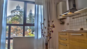 Una cocina con un ventanal grande, un radiador, un jarrón con flores y una estufa moderna.