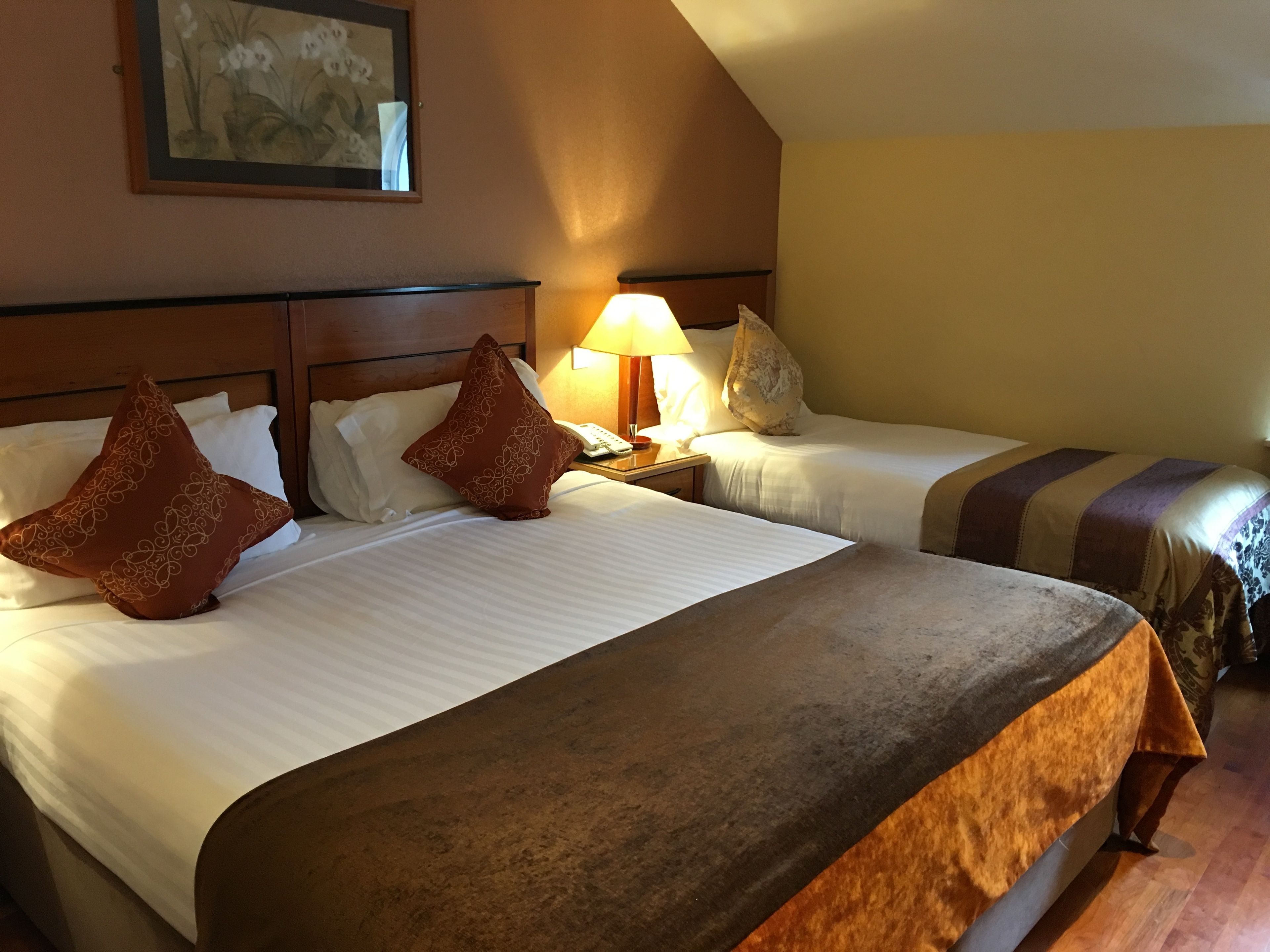Una habitación de hotel con dos camas, una mesita de noche con lámpara y un cuadro en la pared.