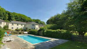 A residential backyard with a swimming pool, lounge chairs, and a wooden fence.