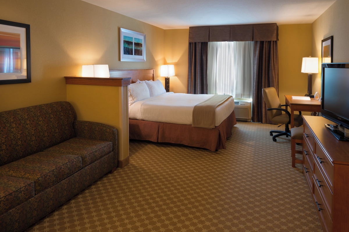 A hotel room with a bed, a sofa, a desk with a television, and a window with curtains.