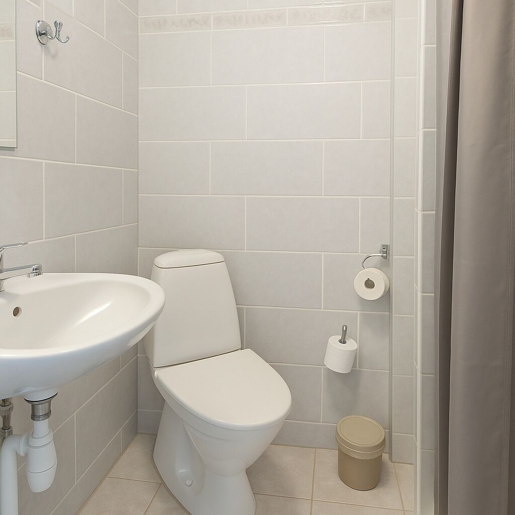 Un baño con inodoro, lavamanos y un cubo de basura.