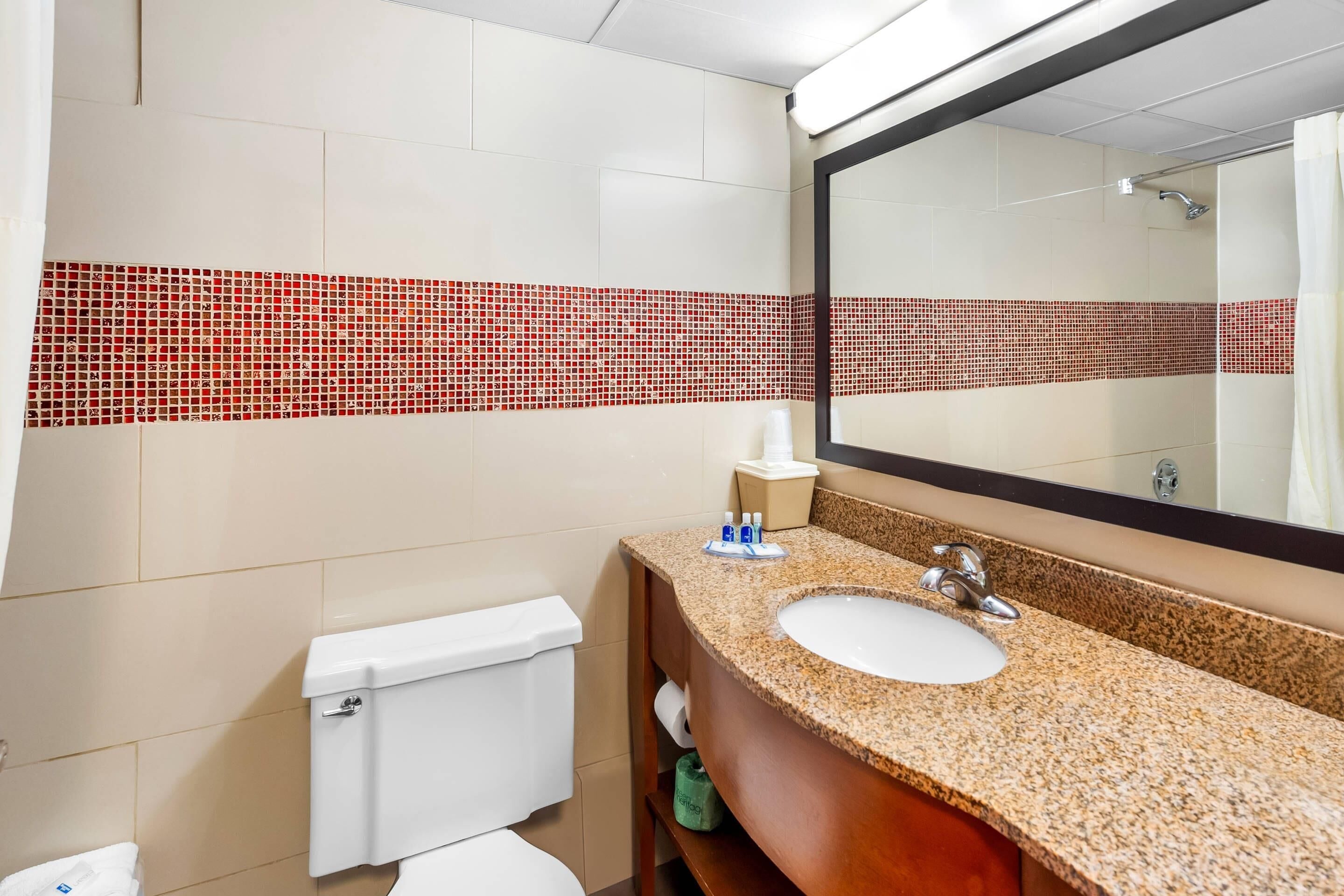 Un baño con inodoro blanco, lavamanos con encimera de granito y espejo.