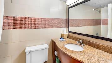 Un baño con inodoro blanco, lavamanos con encimera de granito y espejo.