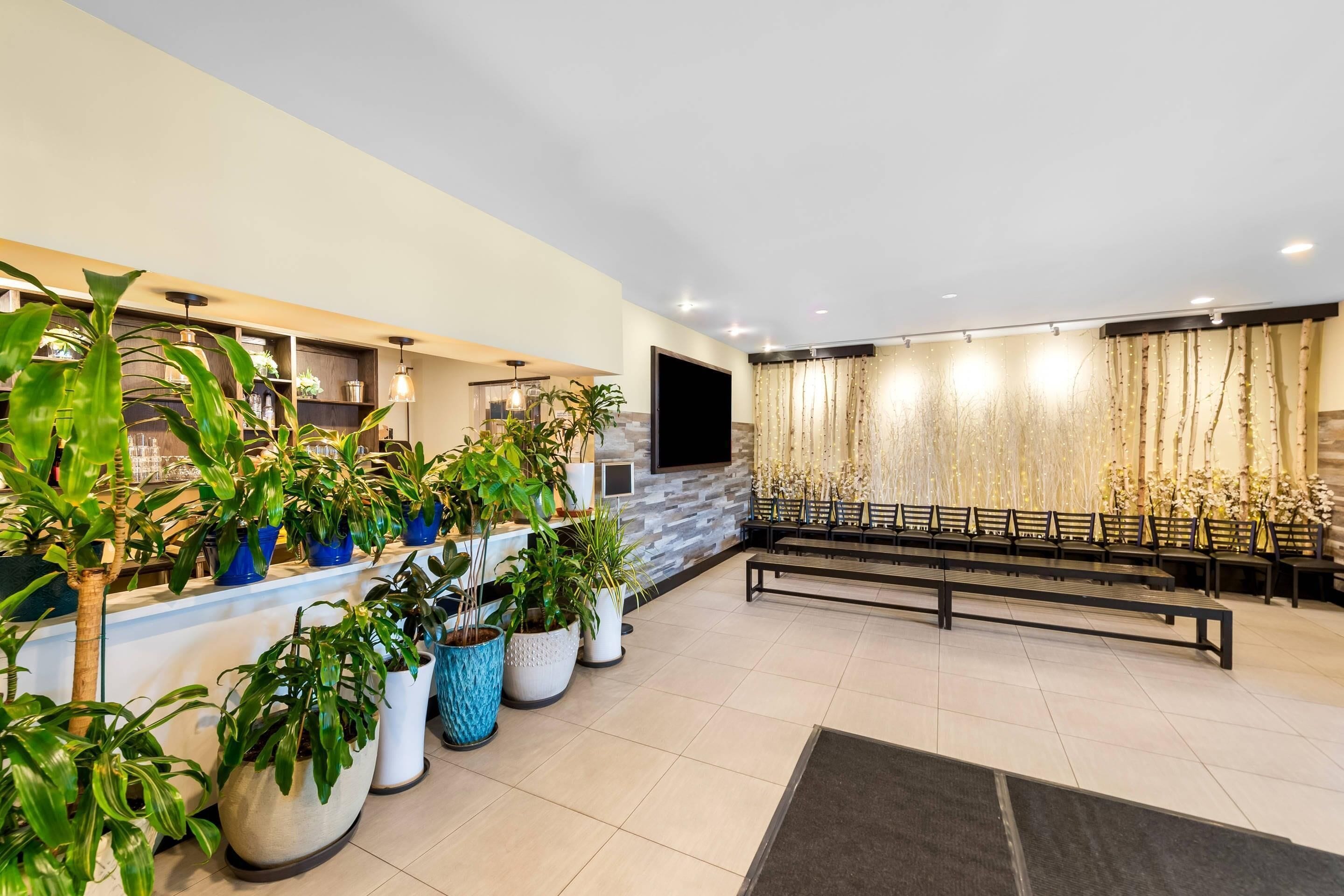 A reception area with a seating area, potted plants, and a wall-mounted TV.