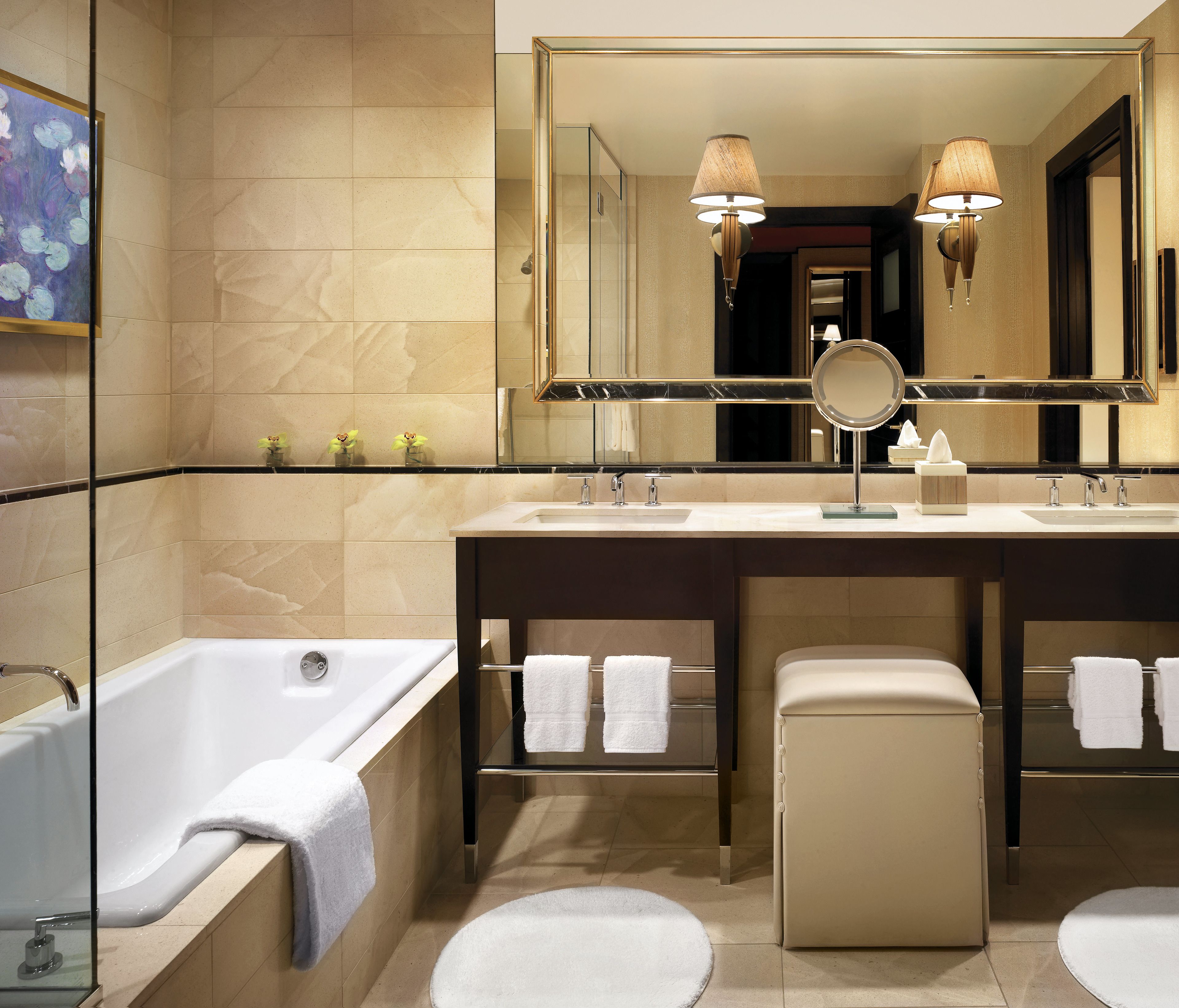 separate bathtub and shower, free toiletries, hair dryer, bathrobes