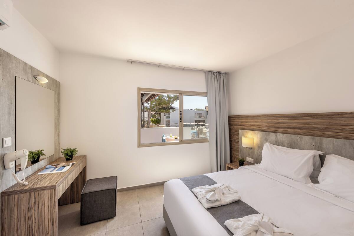 A hotel room with a bed, a desk with a mirror, a hairdryer, a small plant, and a window with a view of the outside.