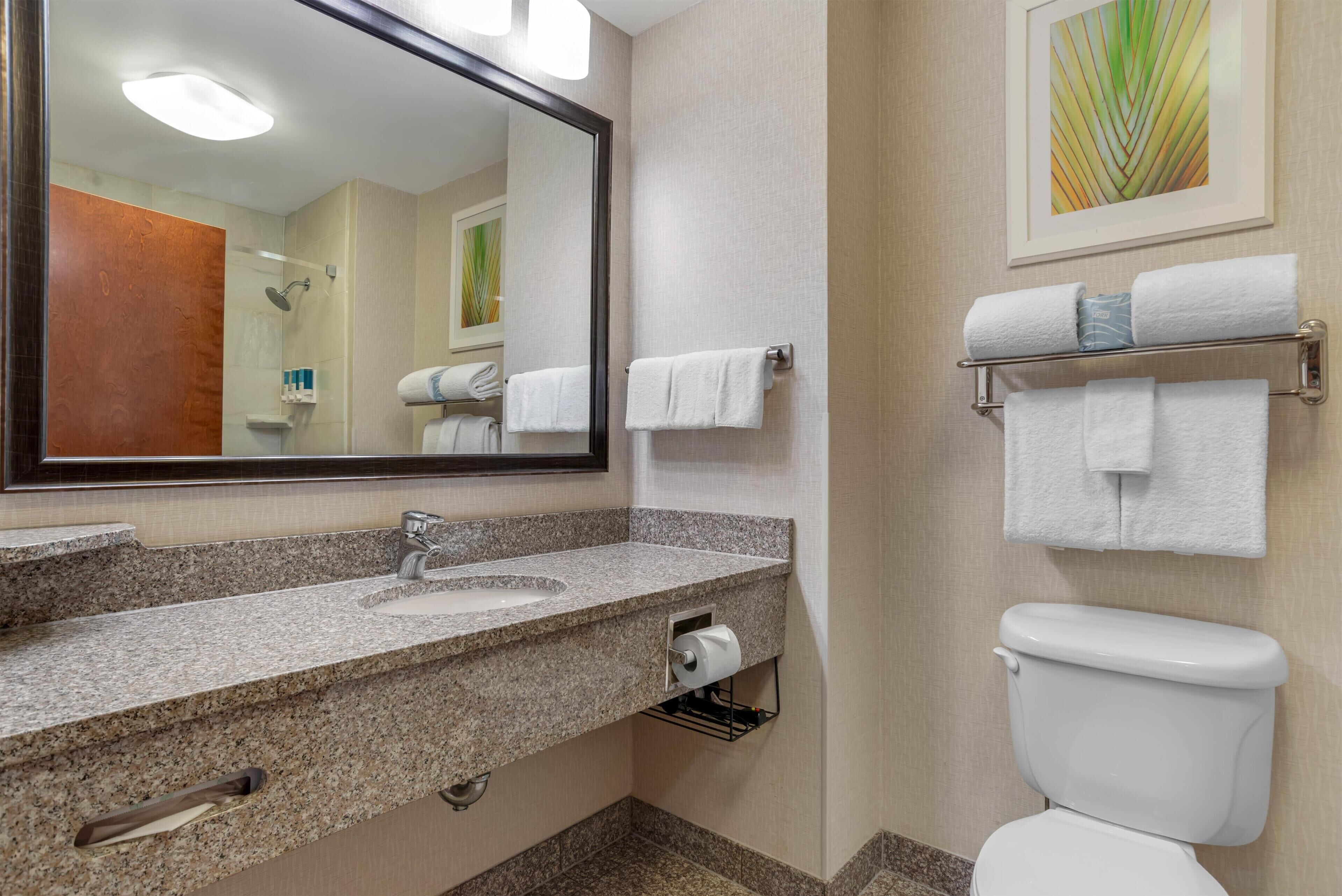 A bathroom with a granite countertop sink, a mirror, a toilet, and a towel rack with multiple towels.