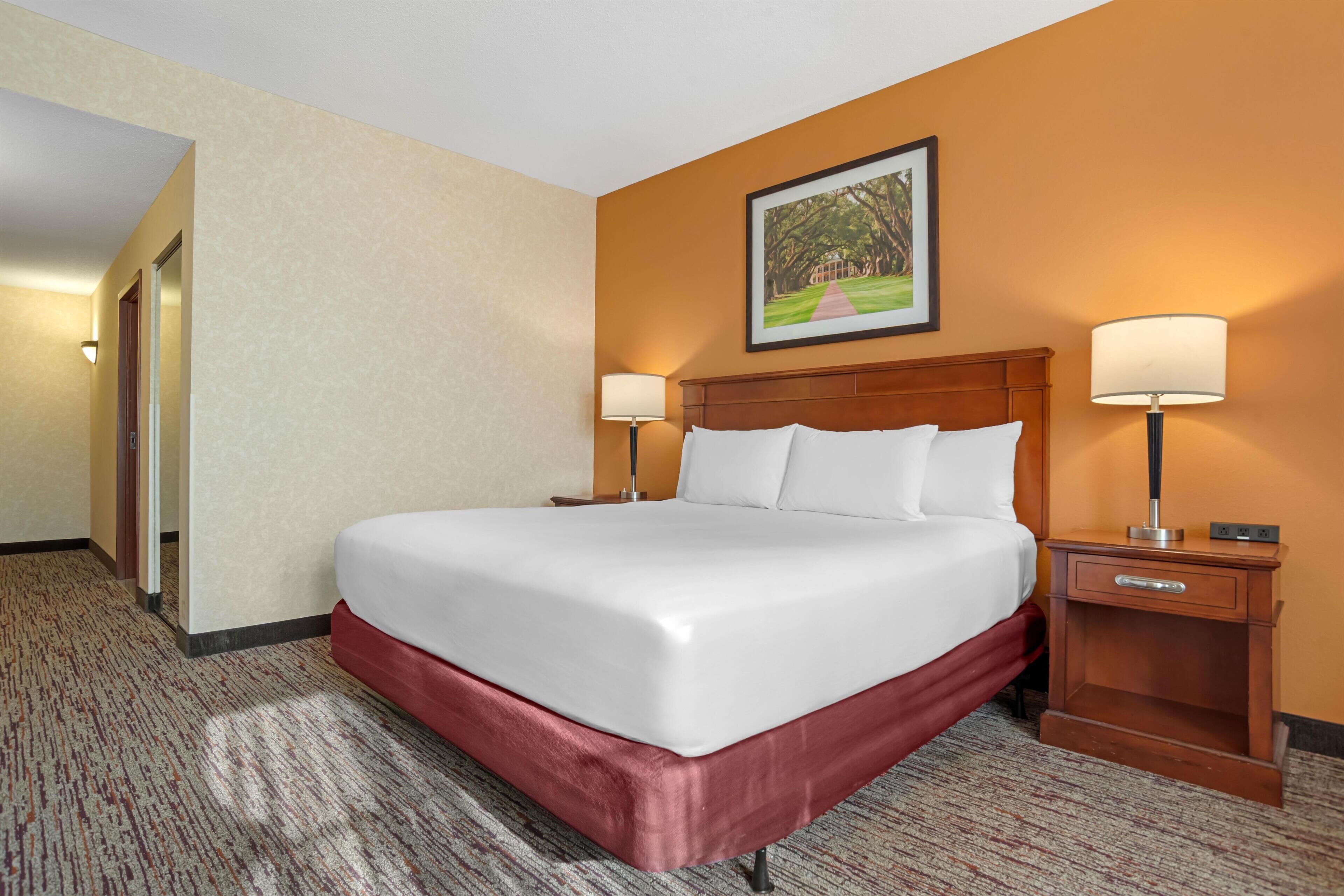 A hotel room with a large bed, two bedside tables with lamps, a wooden headboard, and a framed picture on the wall.