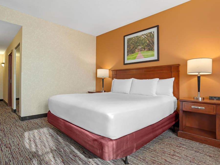 A hotel room with a large bed, two bedside tables with lamps, a wooden headboard, and a framed picture on the wall.