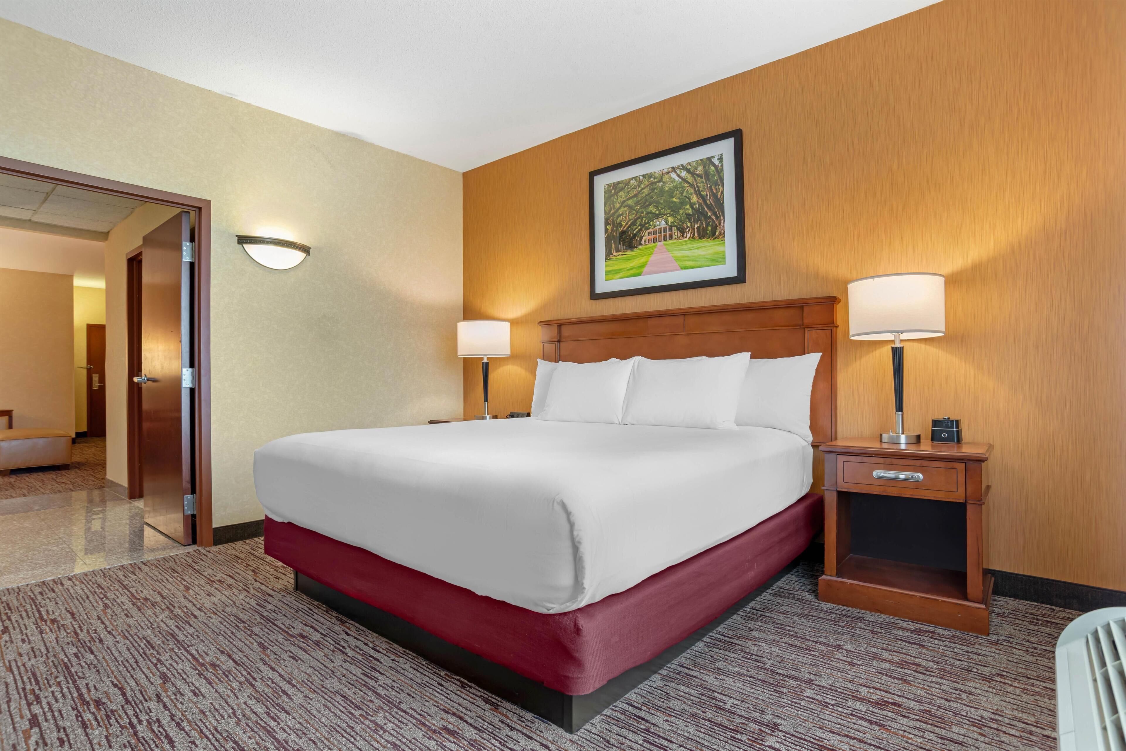 A hotel room with a large bed, two bedside lamps, a nightstand, and a framed picture on the wall.