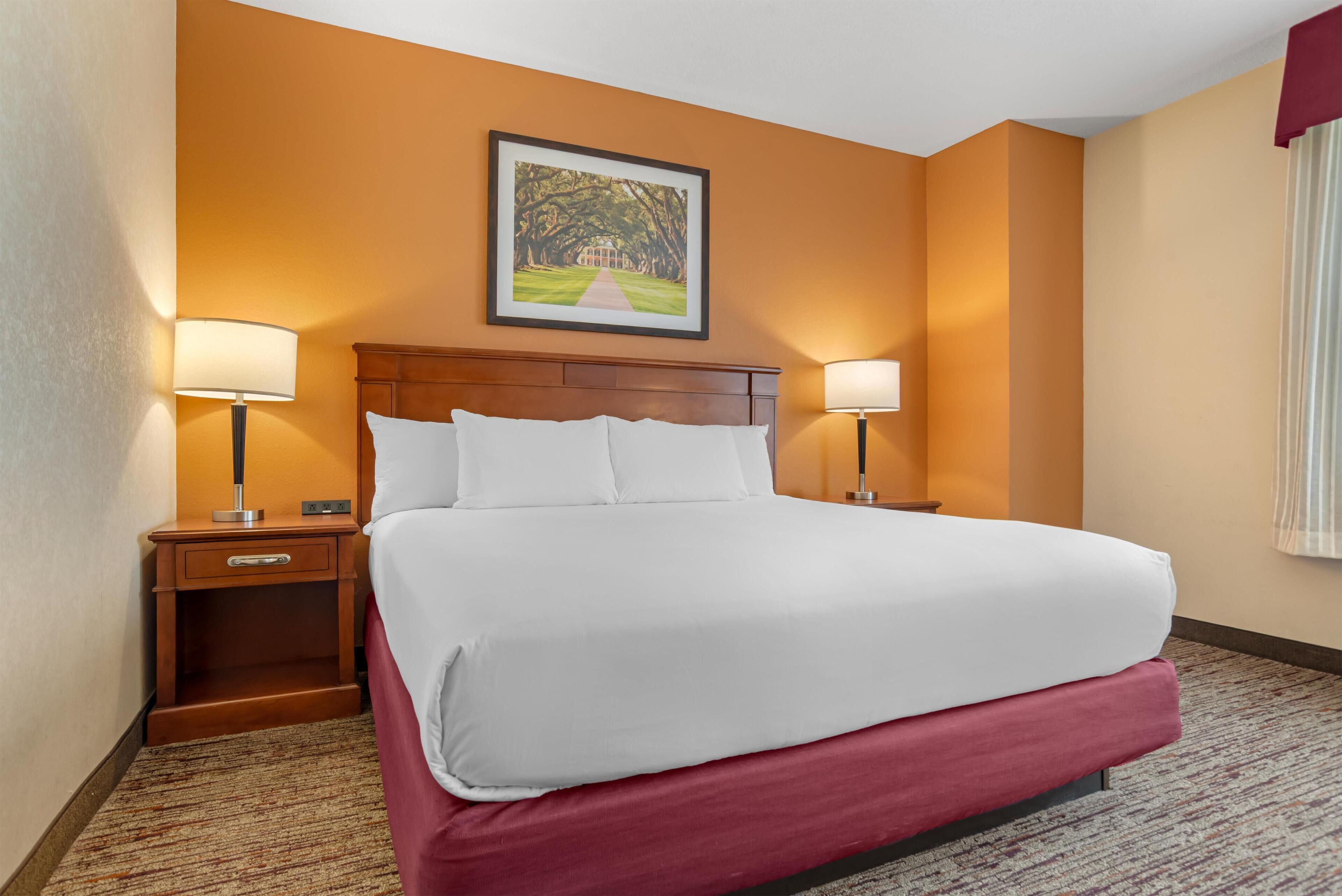 A hotel room with a large bed, two bedside tables with lamps, a wooden headboard, and a framed picture on the wall.