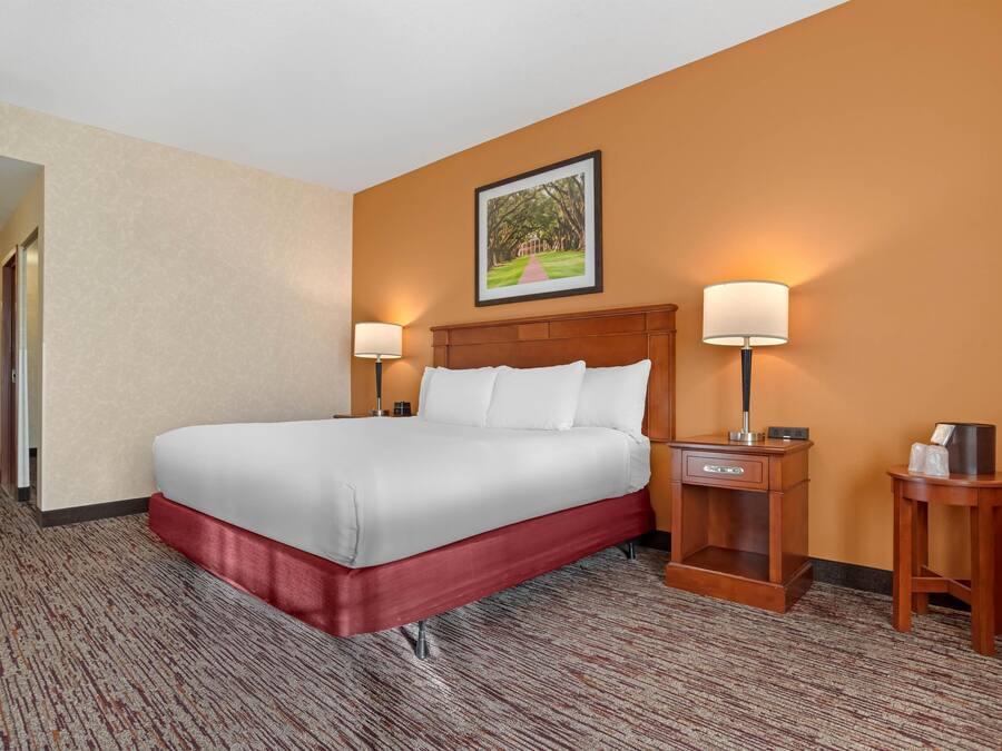 A hotel room with a large bed, two bedside tables with lamps, a wooden nightstand, and a framed picture on the wall.