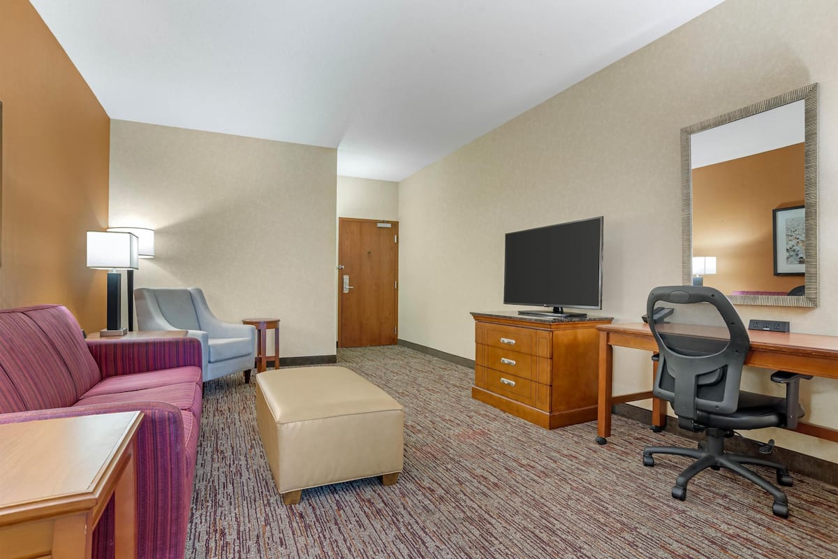 A hotel room with a sofa, a chair, a desk with a computer, a television, a dresser, and a door.