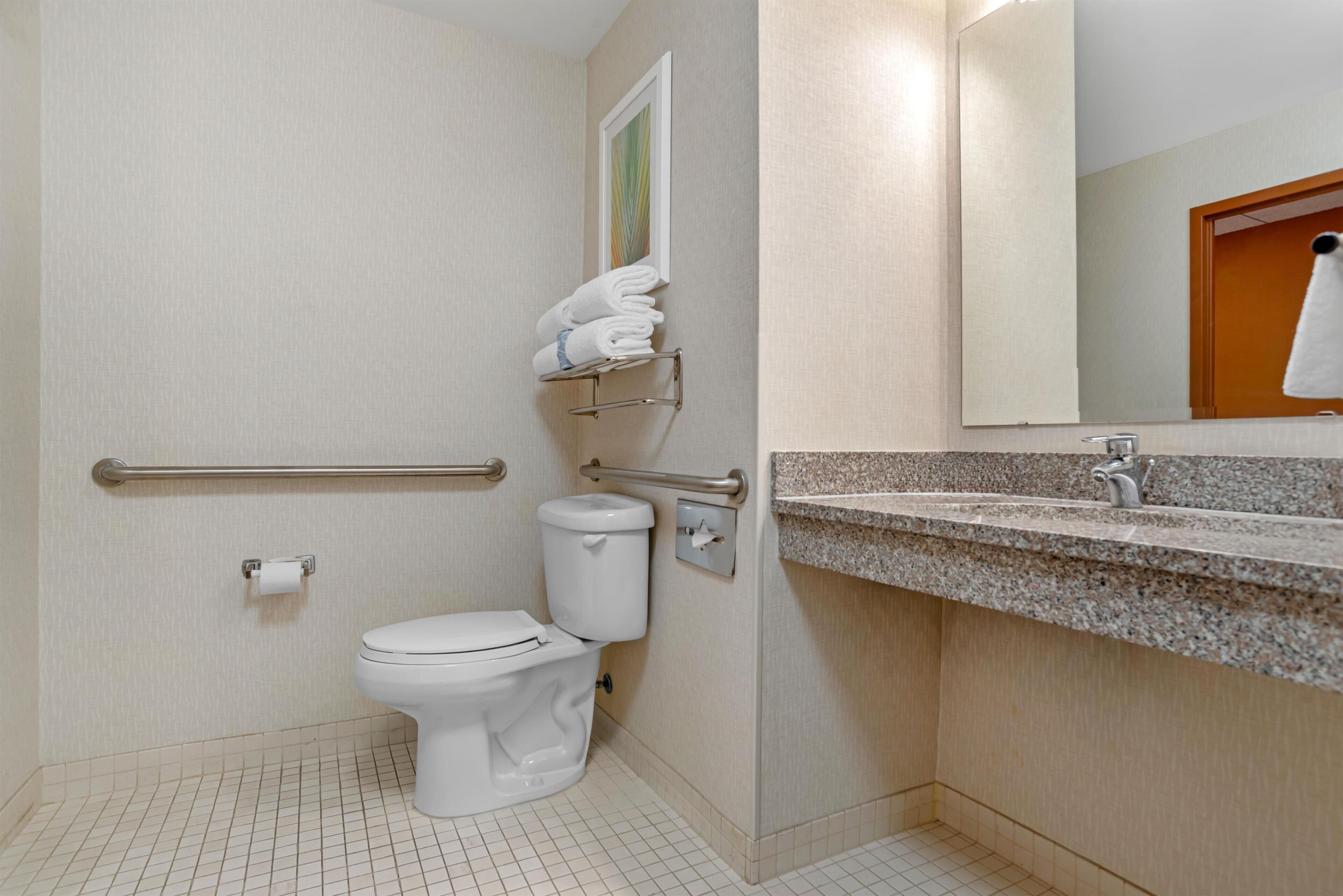 A bathroom with a toilet, grab bars, a sink with a mirror, and a towel rack.