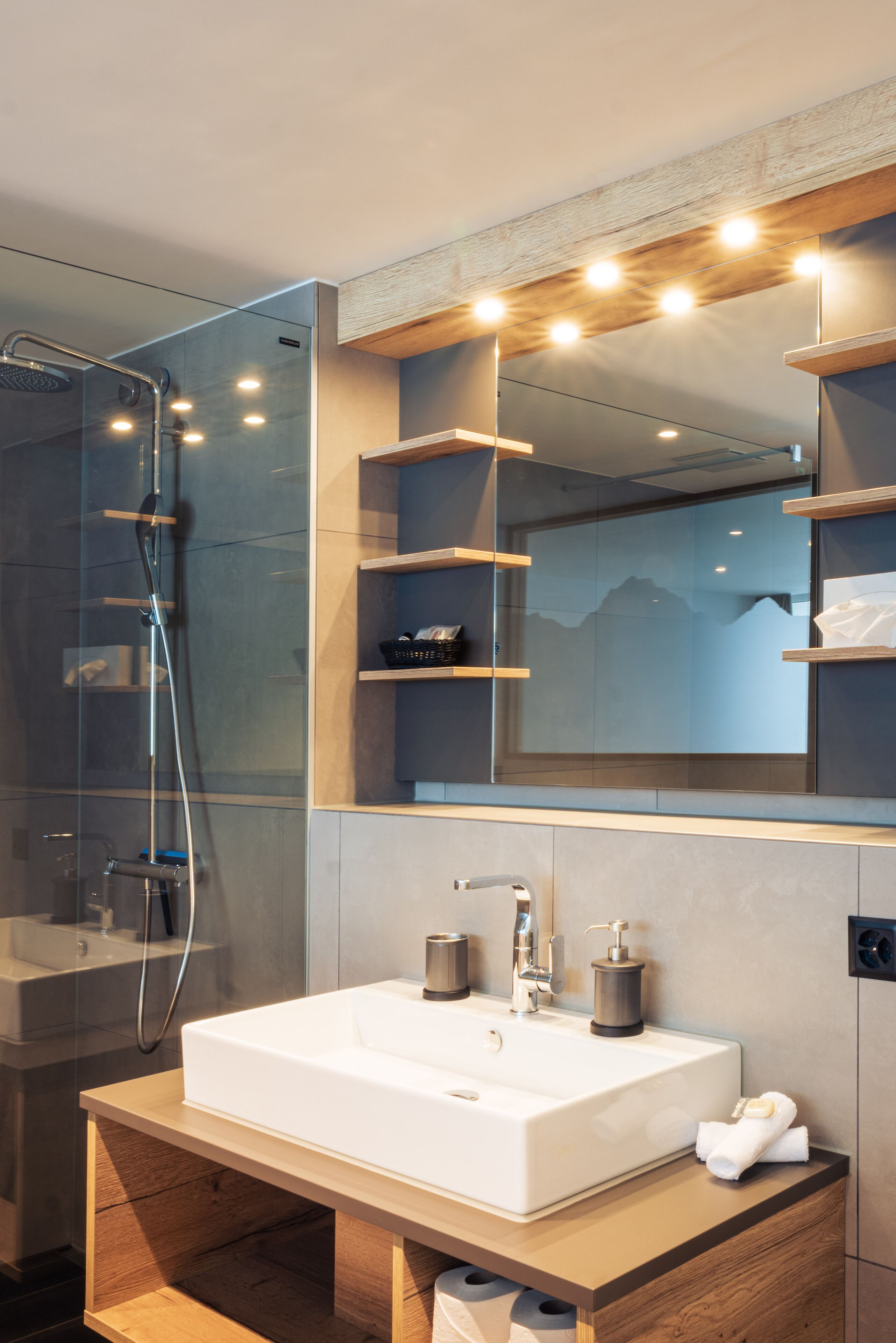 premium double room (panorama) | bathroom | shower, rainfall showerhead, designer toiletries, hair dryer