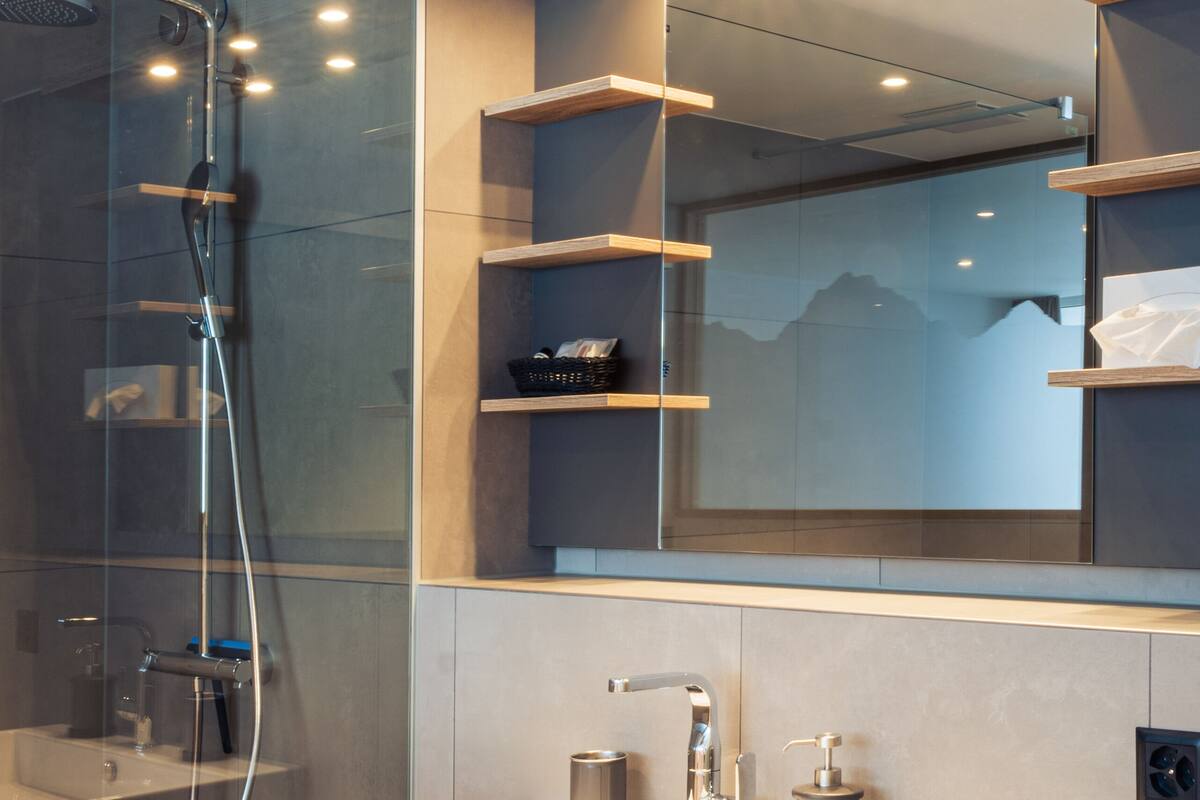 premium double room (panorama) | bathroom | shower, rainfall showerhead, designer toiletries, hair dryer