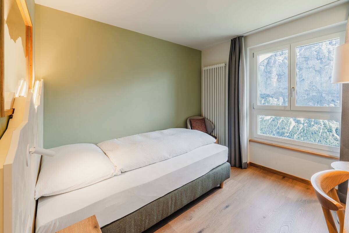 A single bed with a headboard, a radiator, a window with a view of a mountainous landscape, and a chair.
