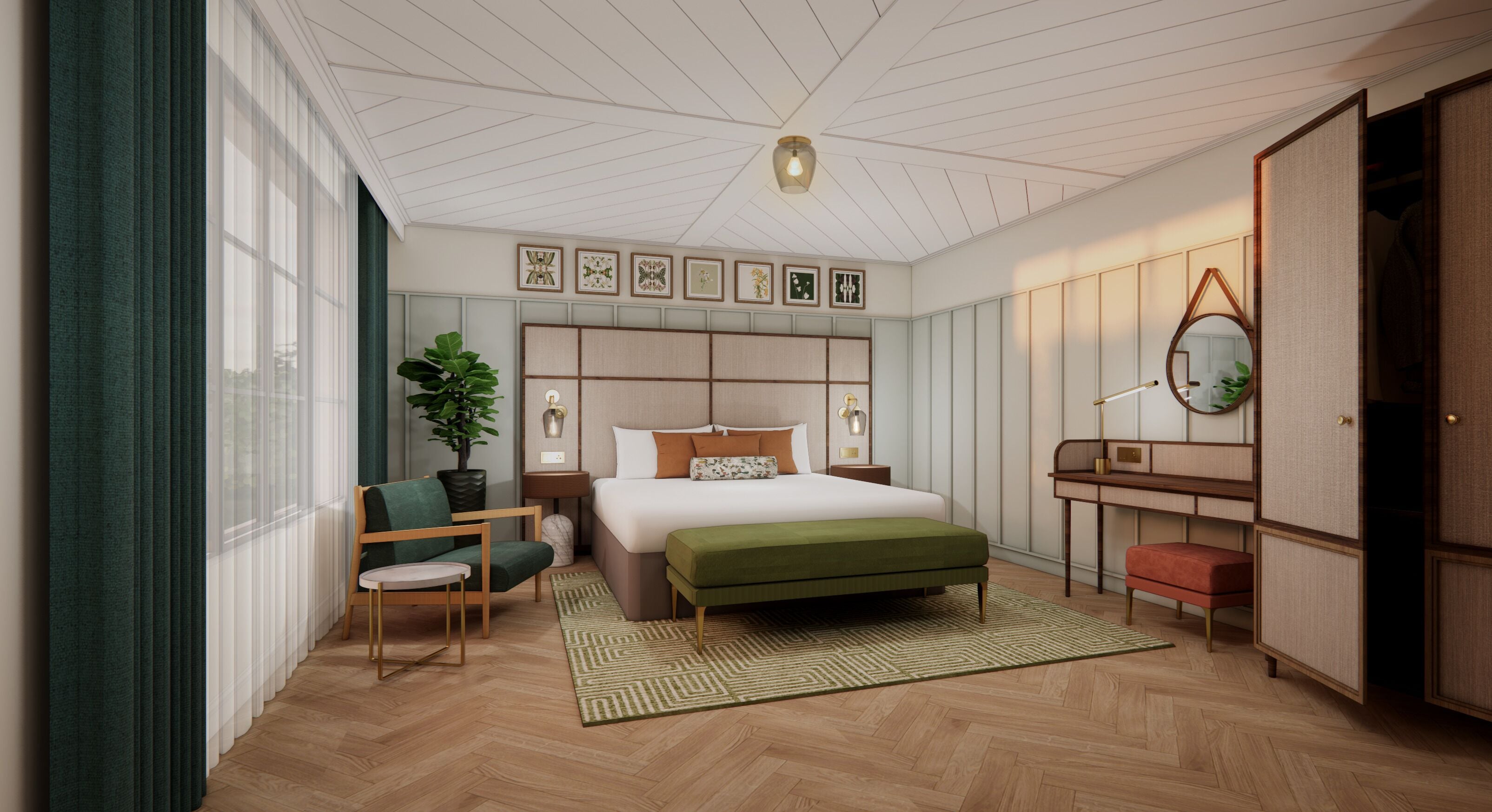 A modern bedroom with a large bed, a desk, and a wardrobe.