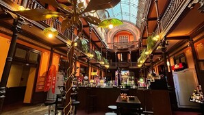 Amplia zona de bar con techos altos y tragaluces, que incluye varios taburetes y una barra central.