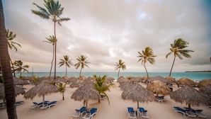 A beach with thatched umbrellas and lounge chairs, palm trees, and a calm sea. - Punta Cana Princess Adults Only - All Inclusive (Punta Cana)