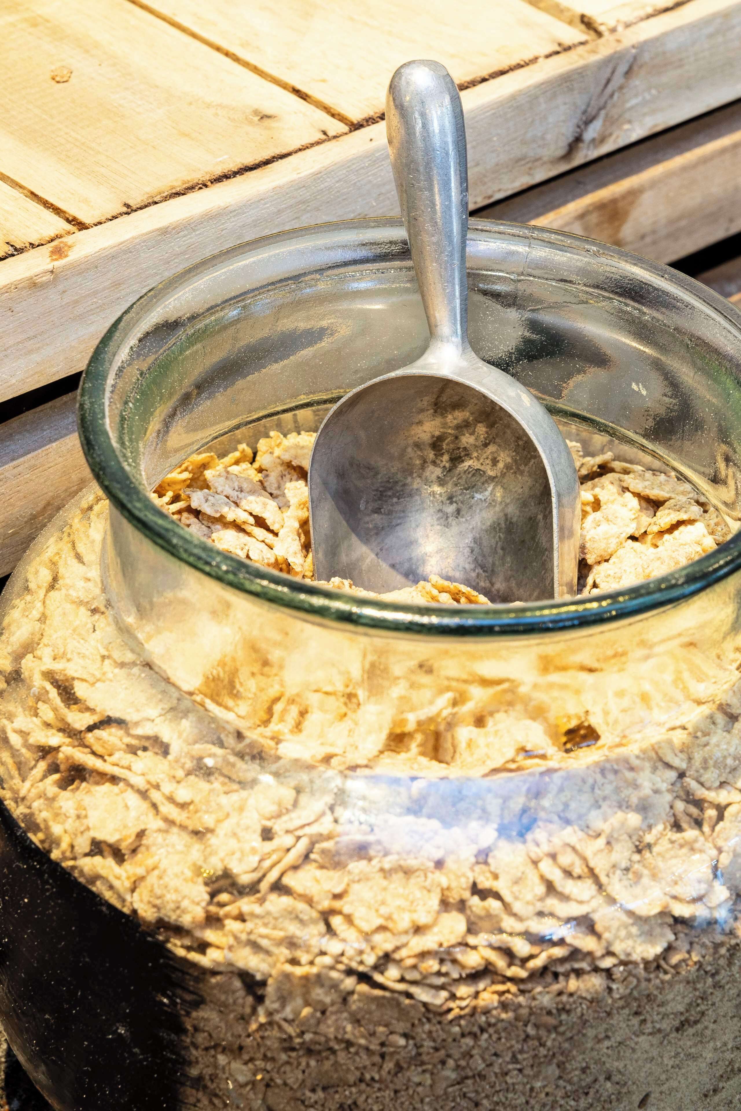 Un tazón de vidrio lleno de copos de cereales y una cuchara de metal en su interior.
