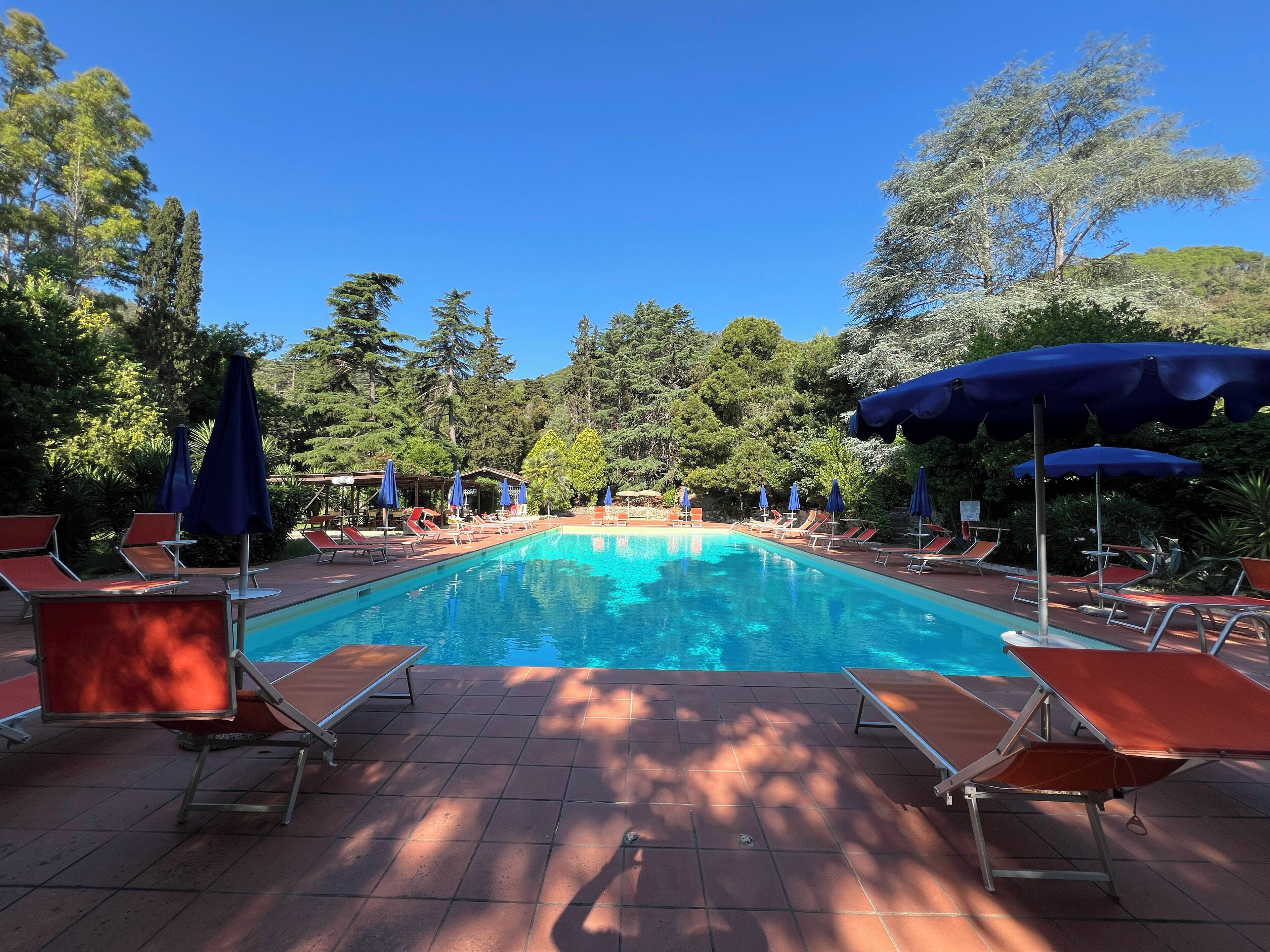 Seasonal outdoor pool, open 9:30 AM to 7:30 PM, pool umbrellas