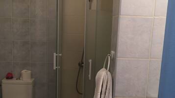 A bathroom with a glass shower enclosure, a toilet, and a towel rack.