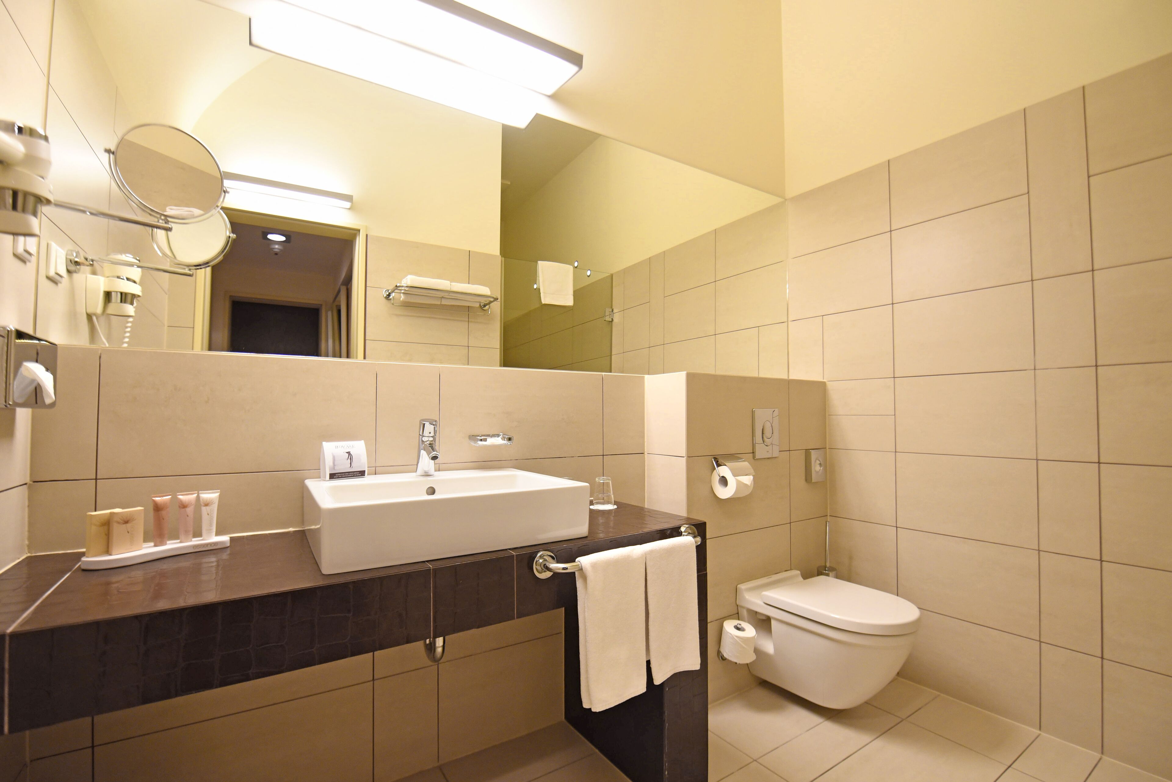 free toiletries, hair dryer, towels, soap