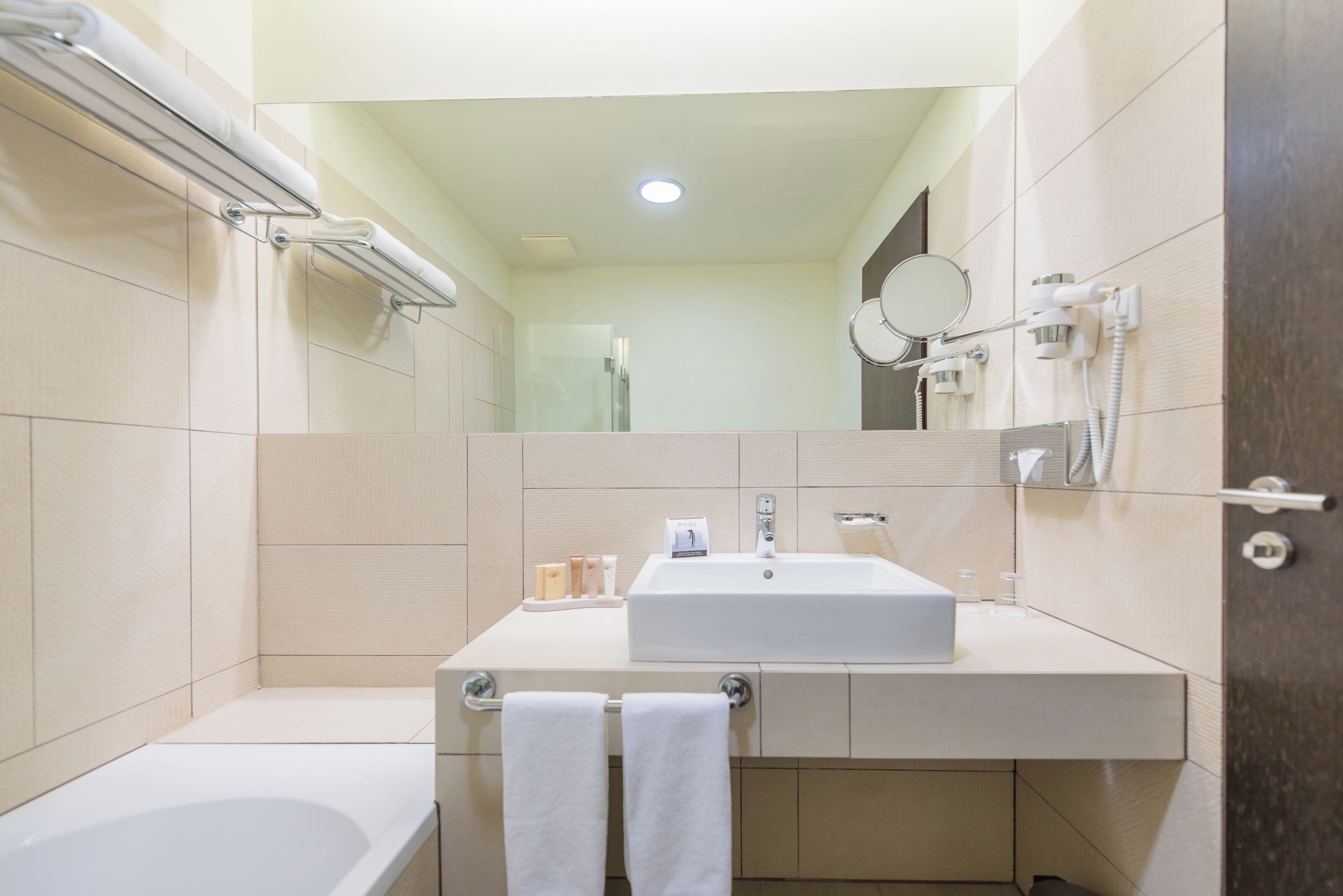 free toiletries, hair dryer, towels, soap