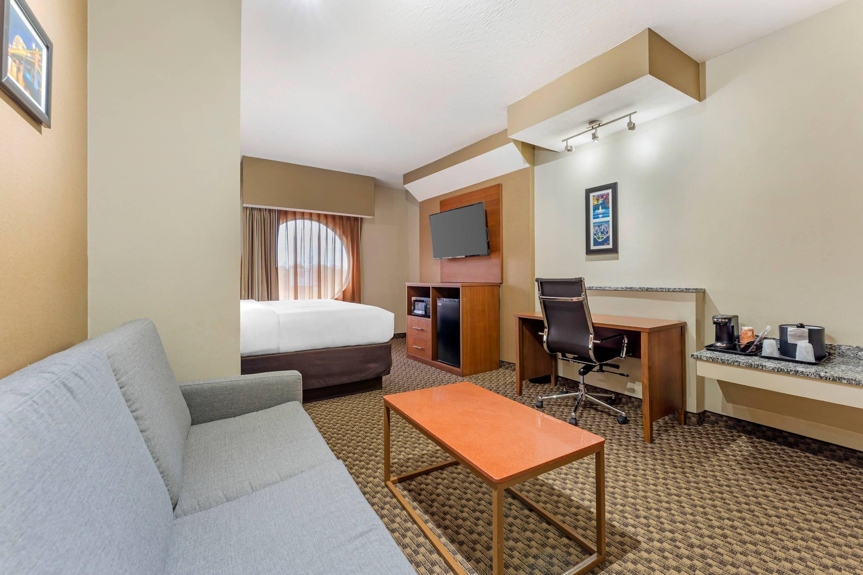 A hotel room with a bed, a desk, a chair, a sofa, a television, and a coffee machine.