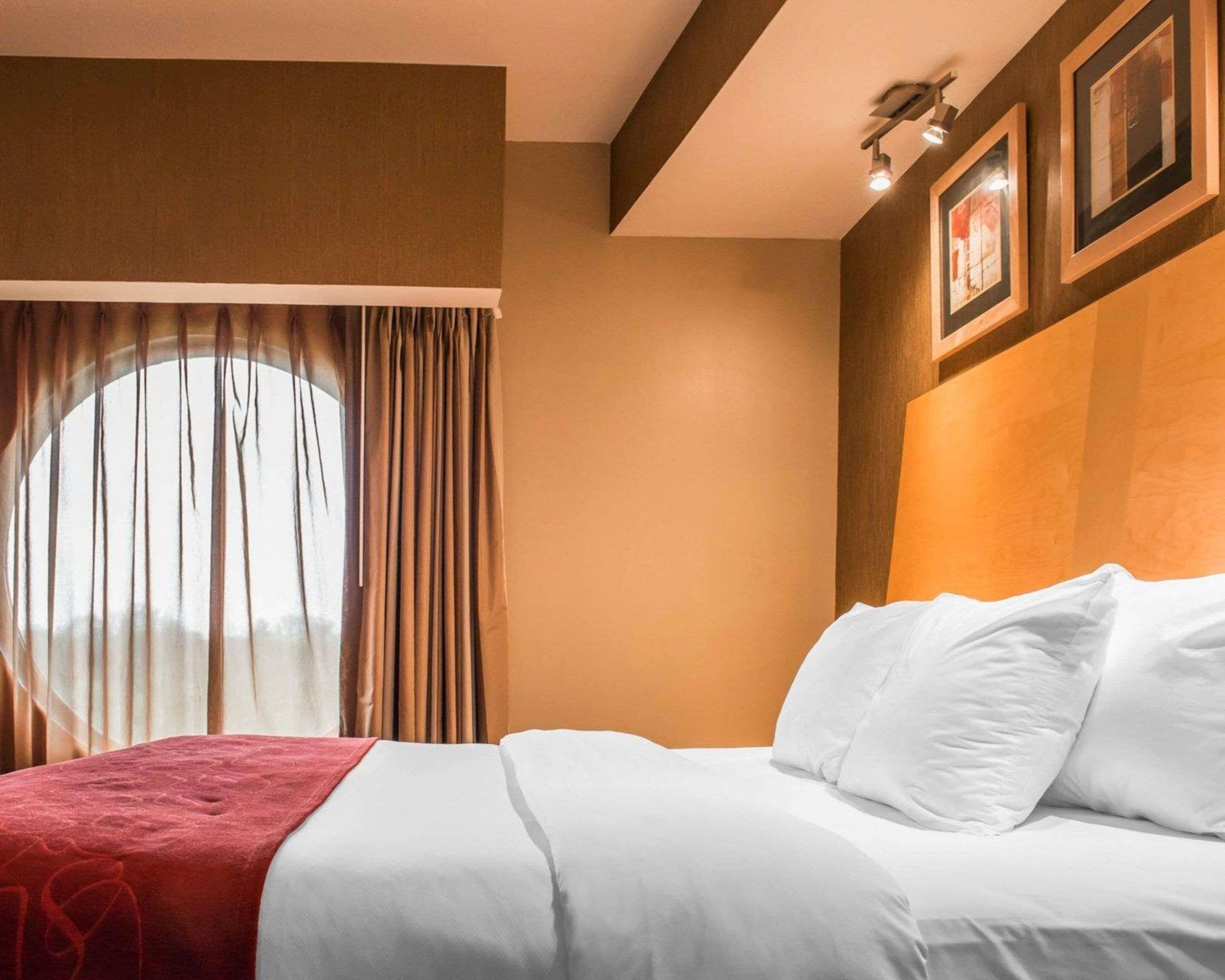 A hotel room with a bed, curtains, and framed pictures on the wall.