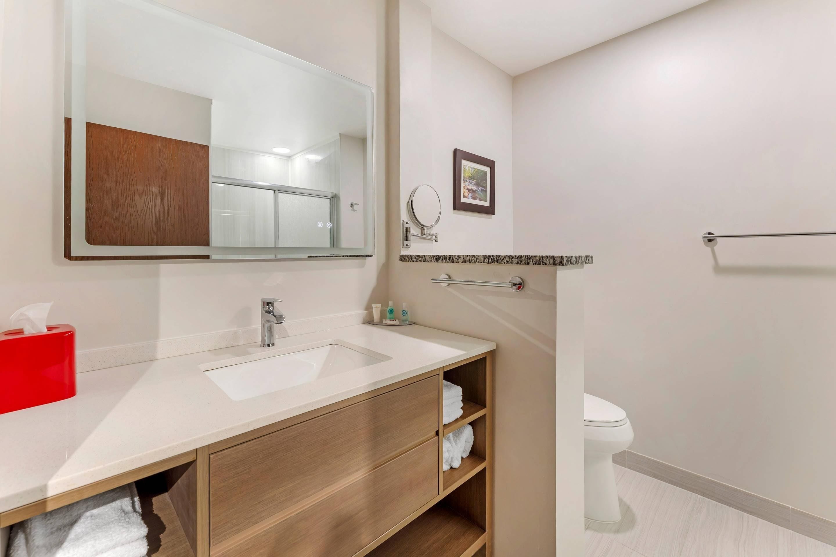 Een badkamer met een witte wastafel, houten opbergmeubel, een spiegel, een handdoekhouder en een toilet.