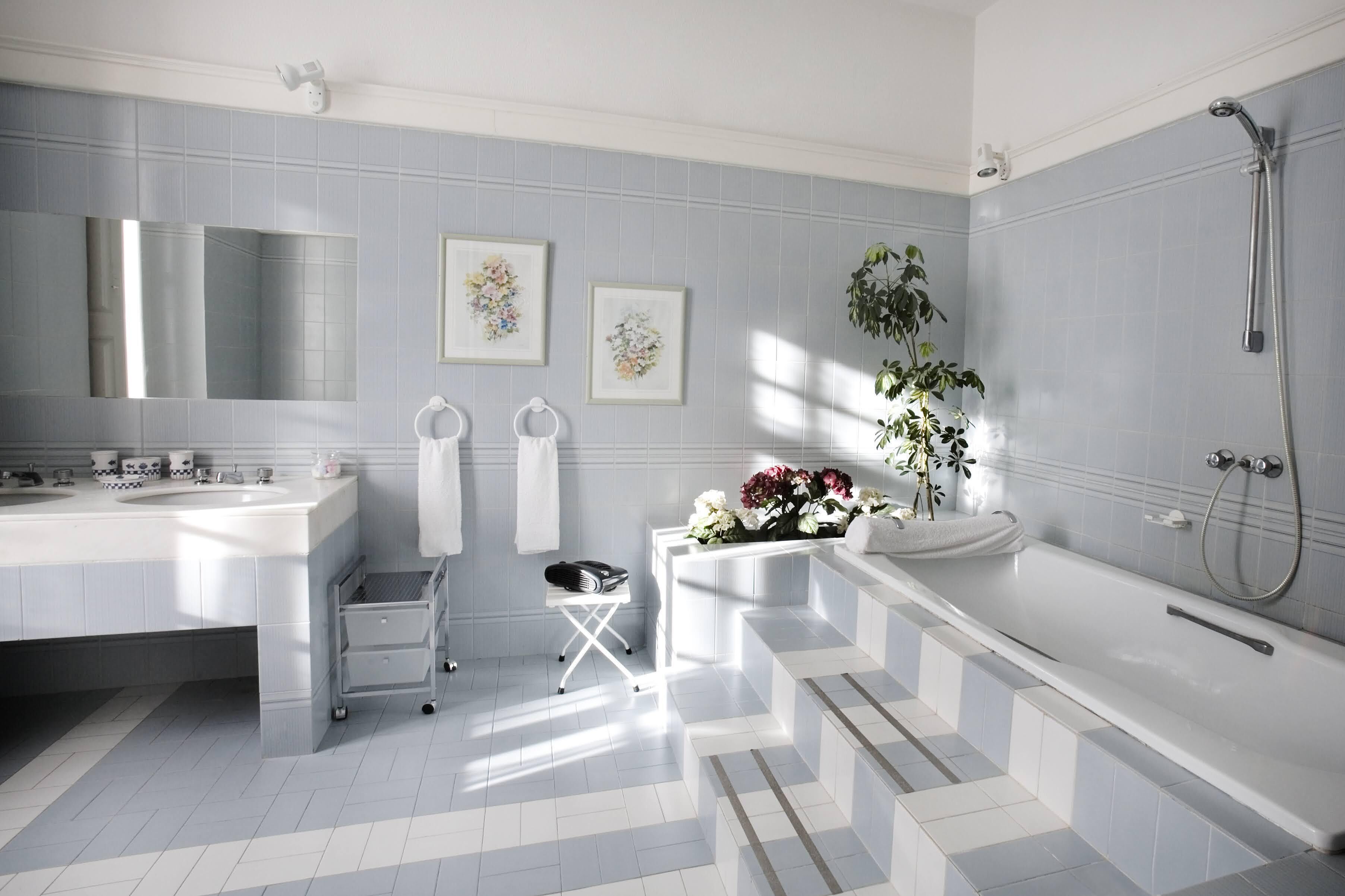 Une salle de bain moderne avec une grande baignoire, un meuble-lavabo à deux vasques et un petit marchepied.