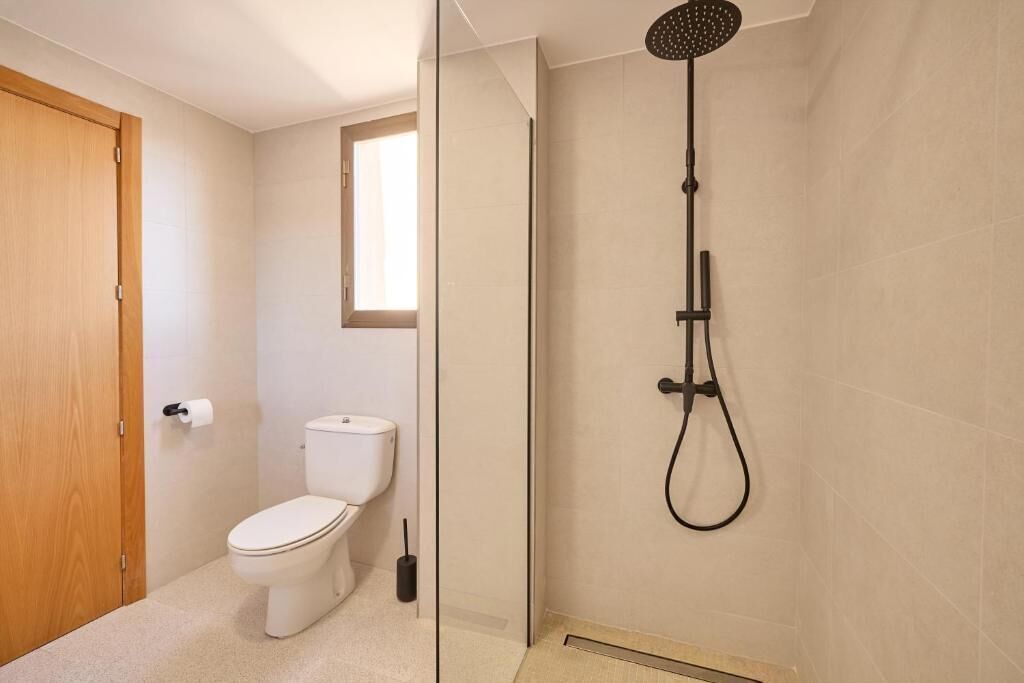 A bathroom with a toilet, a shower, and a wooden door.