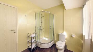 A bathroom with a glass-enclosed shower, a toilet, and a wooden door.