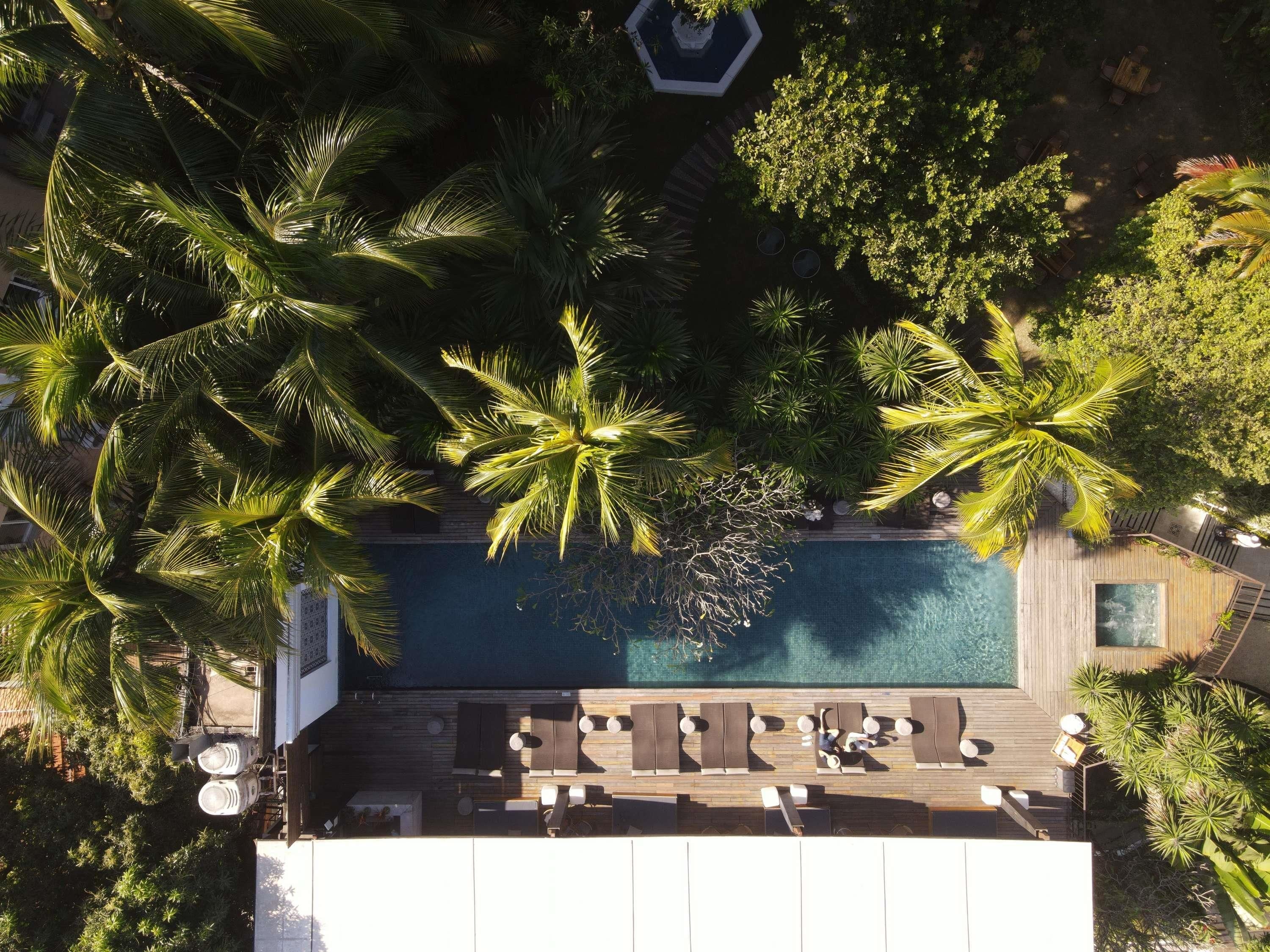 Vista aérea de un resort con piscina, zona de descanso y densa vegetación tropical.