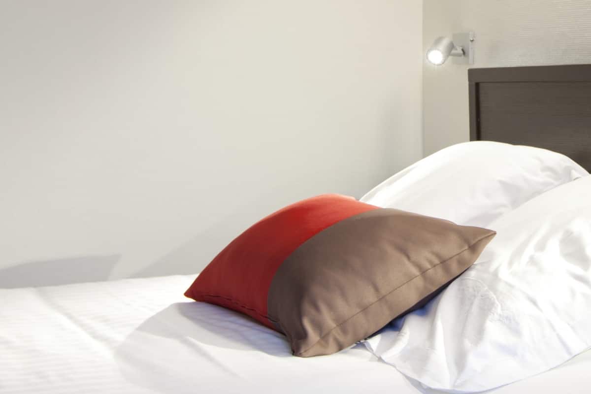 A bed with white bedding, a red and brown pillow, and a wall-mounted picture of a seascape.