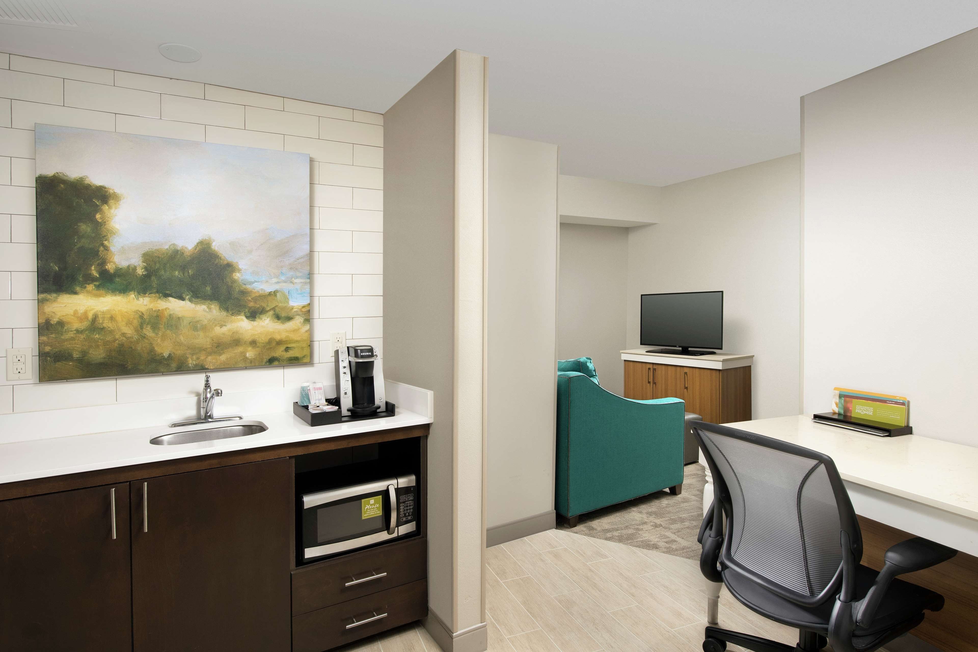 premium bedding, desk, laptop workspace, blackout curtains