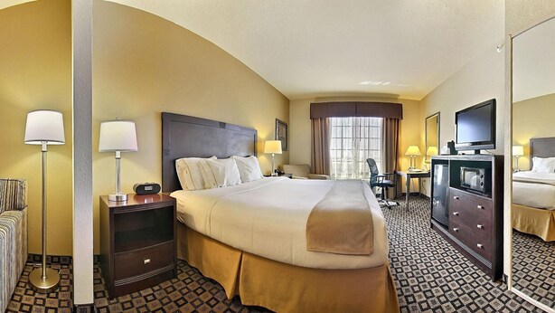 A hotel room with a large bed, a desk, a chair, a TV, and a minibar. - Holiday Inn Express Hotel & Suites Clovis by IHG (Clovis)