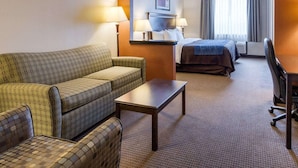 Une chambre d’hôtel avec un canapé, une petite table, un bureau et un lit.