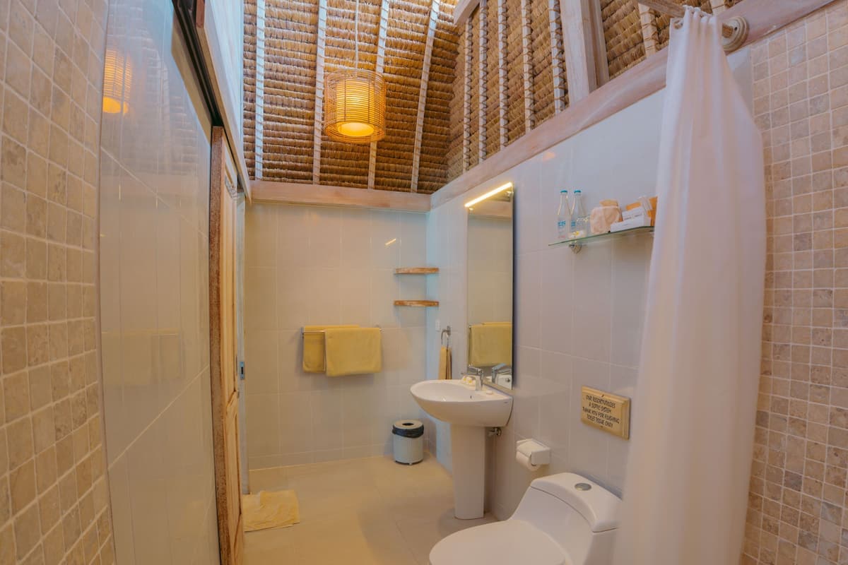 shower, eco-friendly toiletries, towels