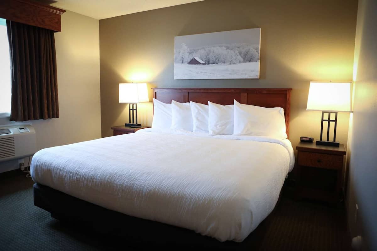 A hotel room with a large bed, two bedside lamps, a nightstand, a wall-mounted picture, and a window with curtains.
