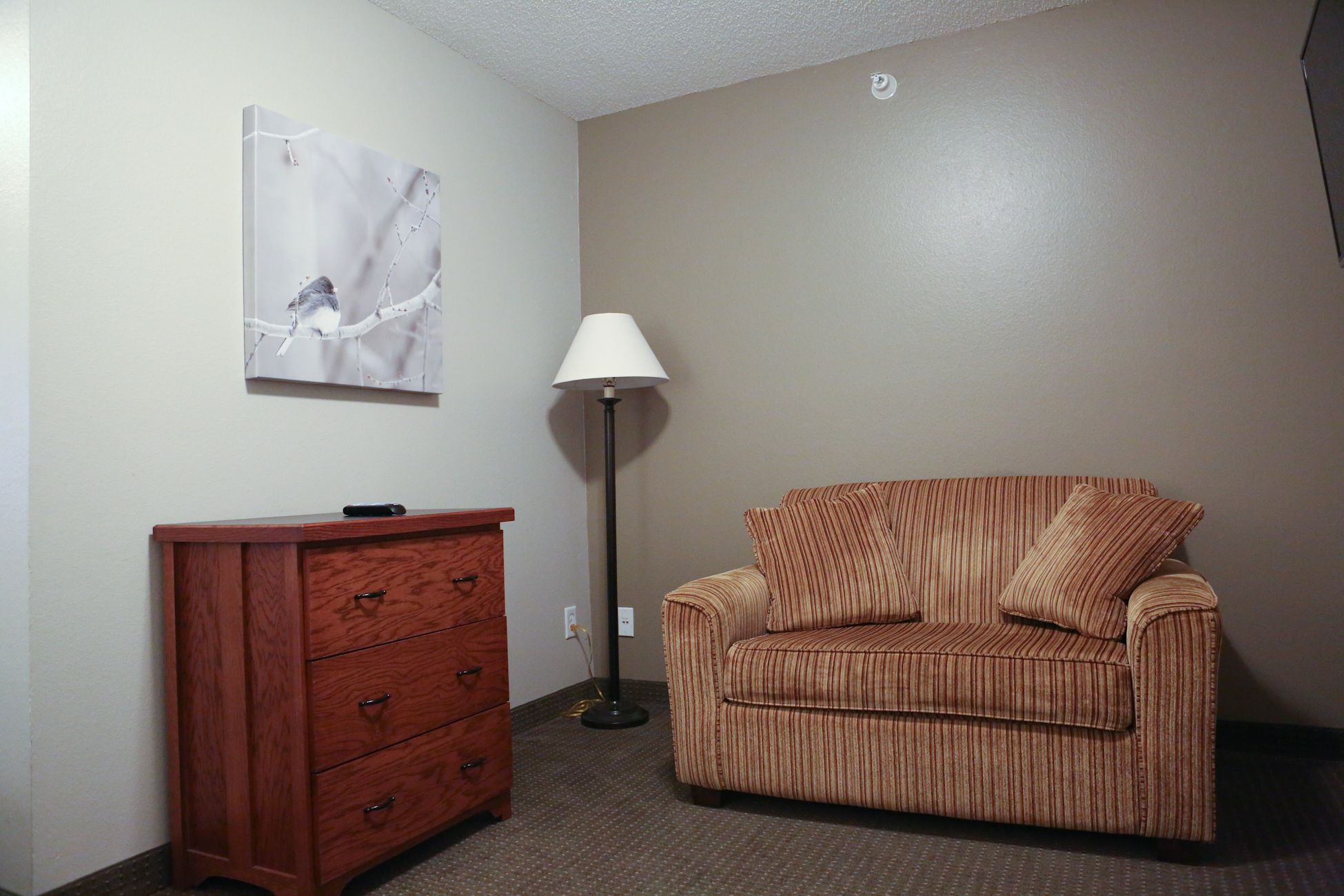 A room with a wooden dresser, a striped sofa, a floor lamp, and a wall-mounted artwork.