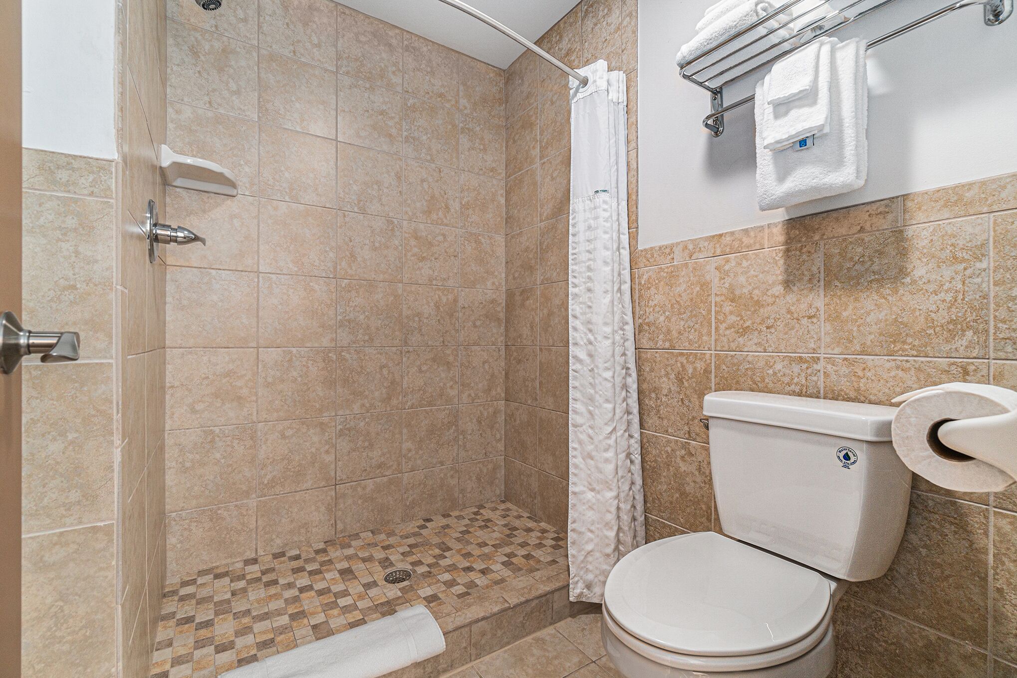 A bathroom with a shower, toilet, and towel rack.