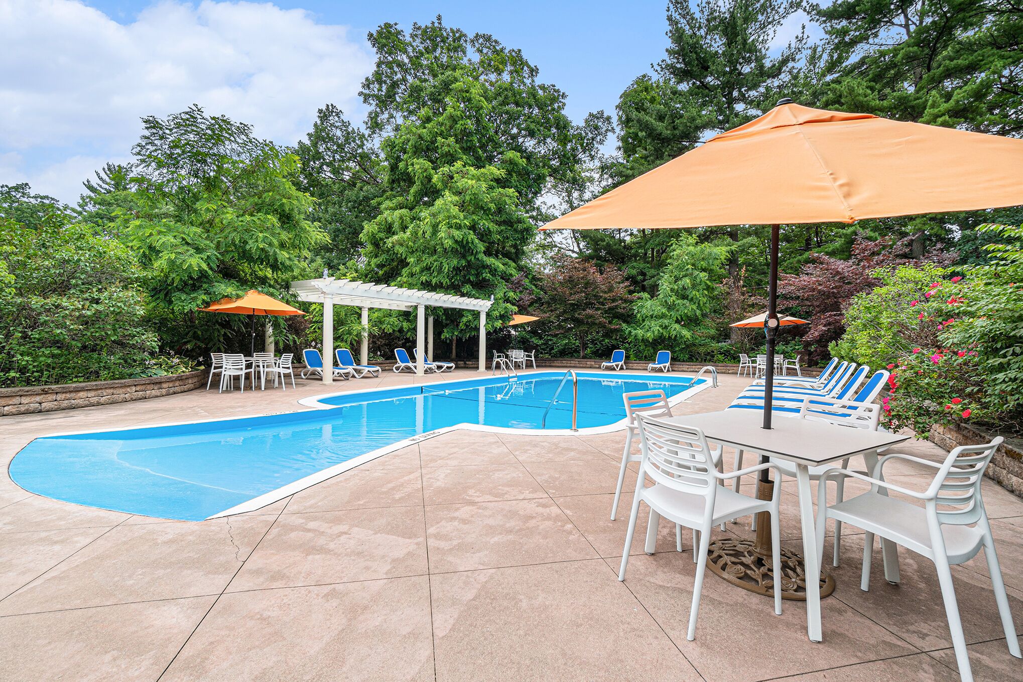A swimming pool with lounge chairs and umbrellas, surrounded by trees and a covered seating area.