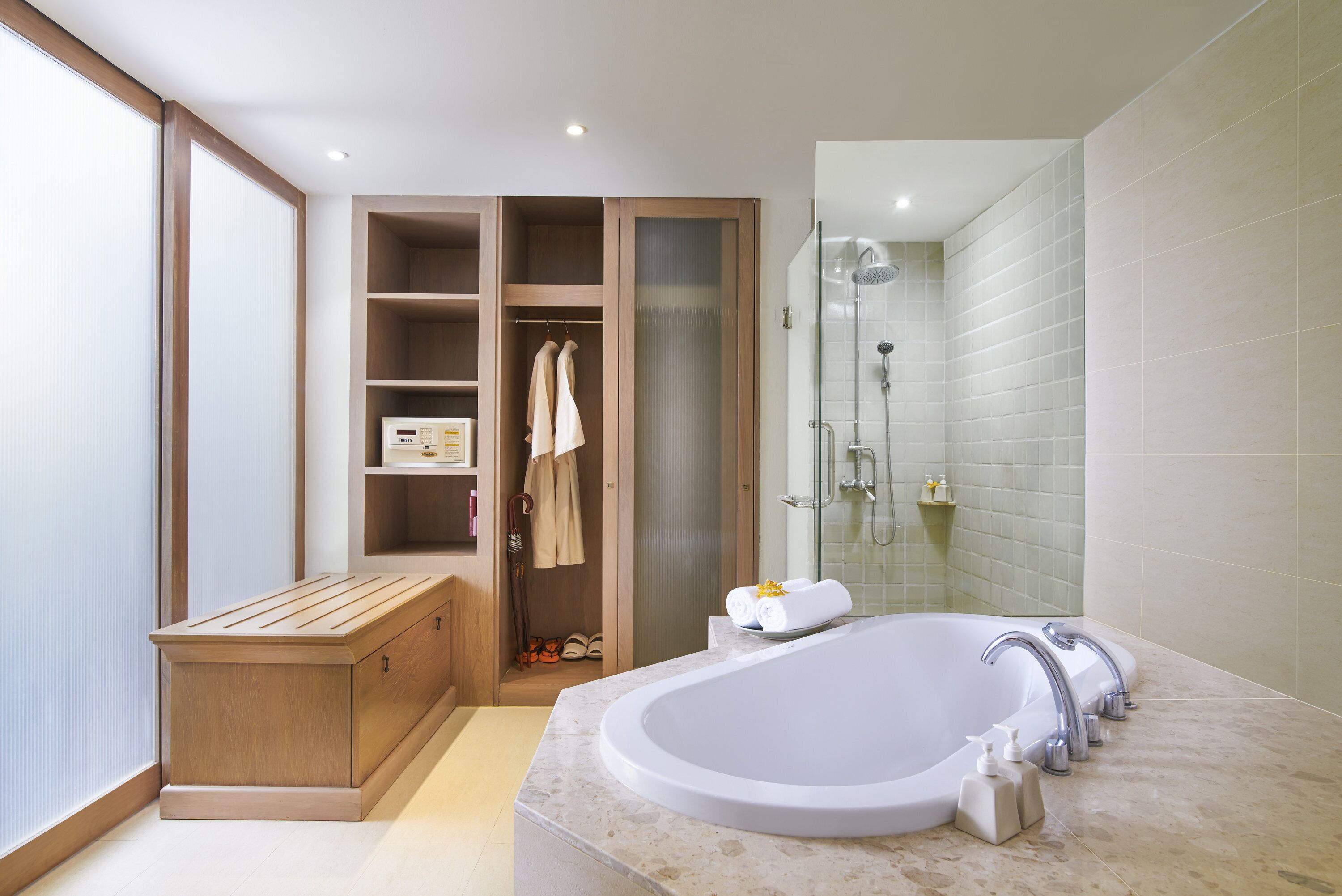 free toiletries, hair dryer, bathrobes, slippers