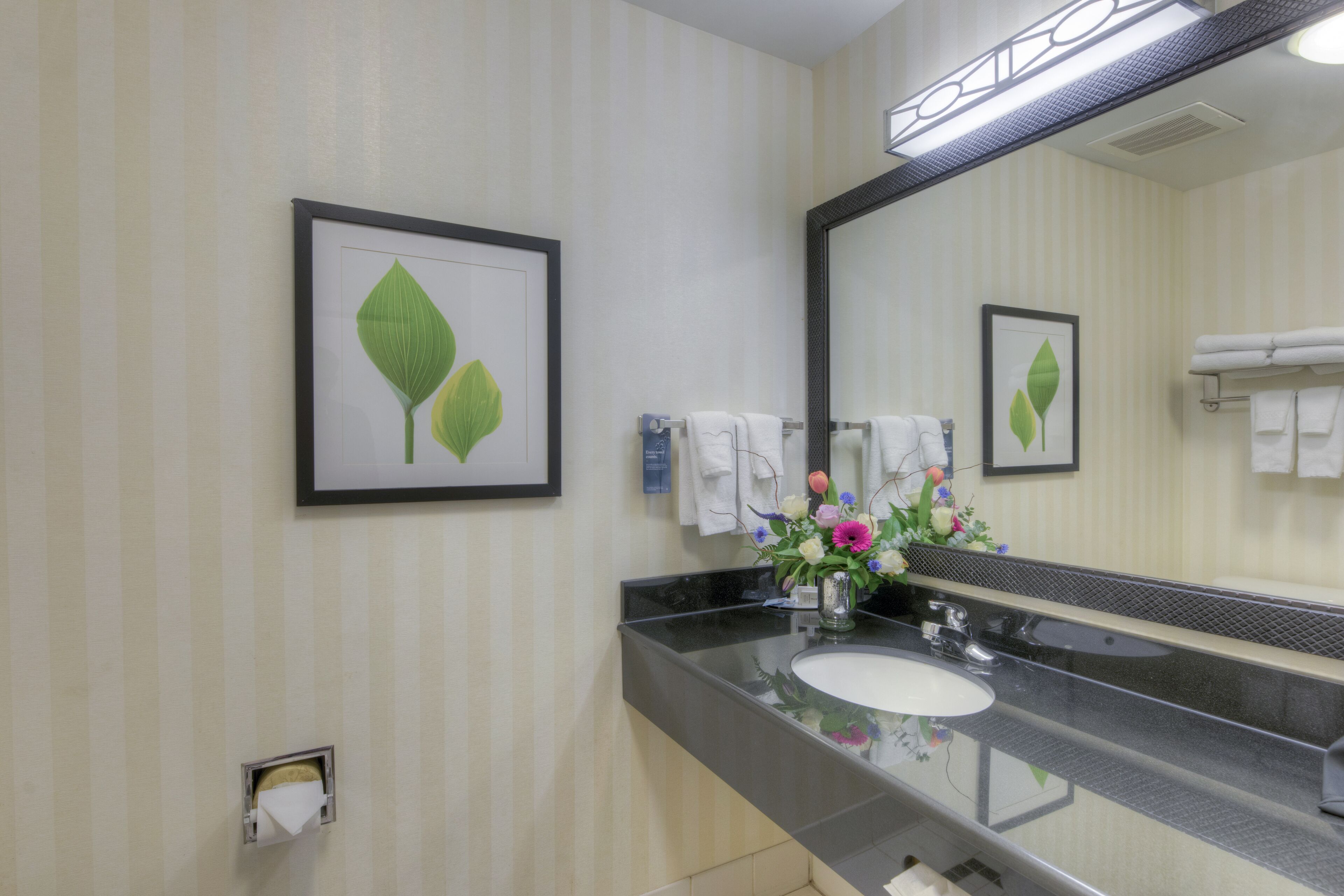 combined shower/bathtub, free toiletries, hair dryer, towels