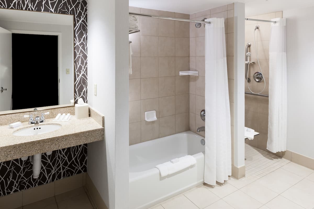 separate bathtub and shower, free toiletries, hair dryer, towels