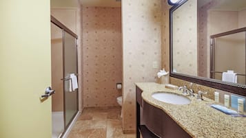 A bathroom with a shower, toilet, sink, and a large mirror.