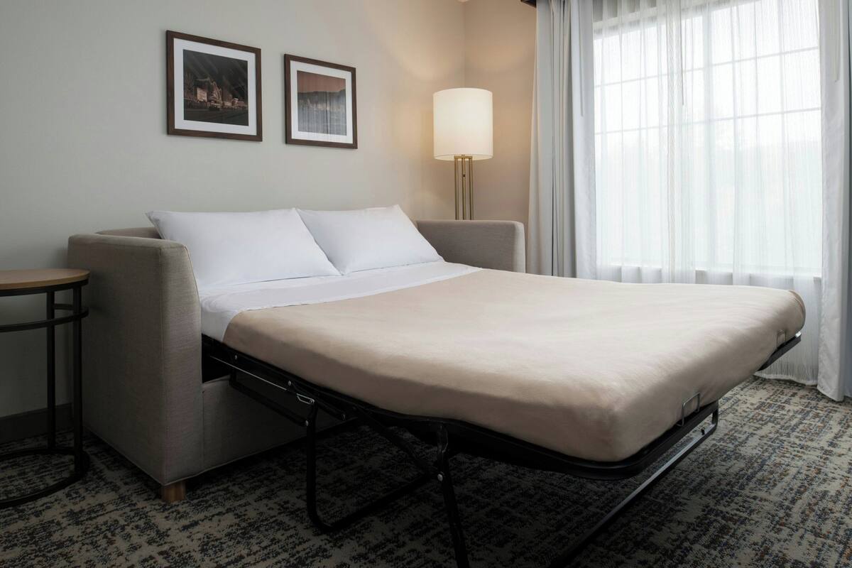 A single bed with a headboard, a bedside table, a lamp, and two framed pictures on the wall.